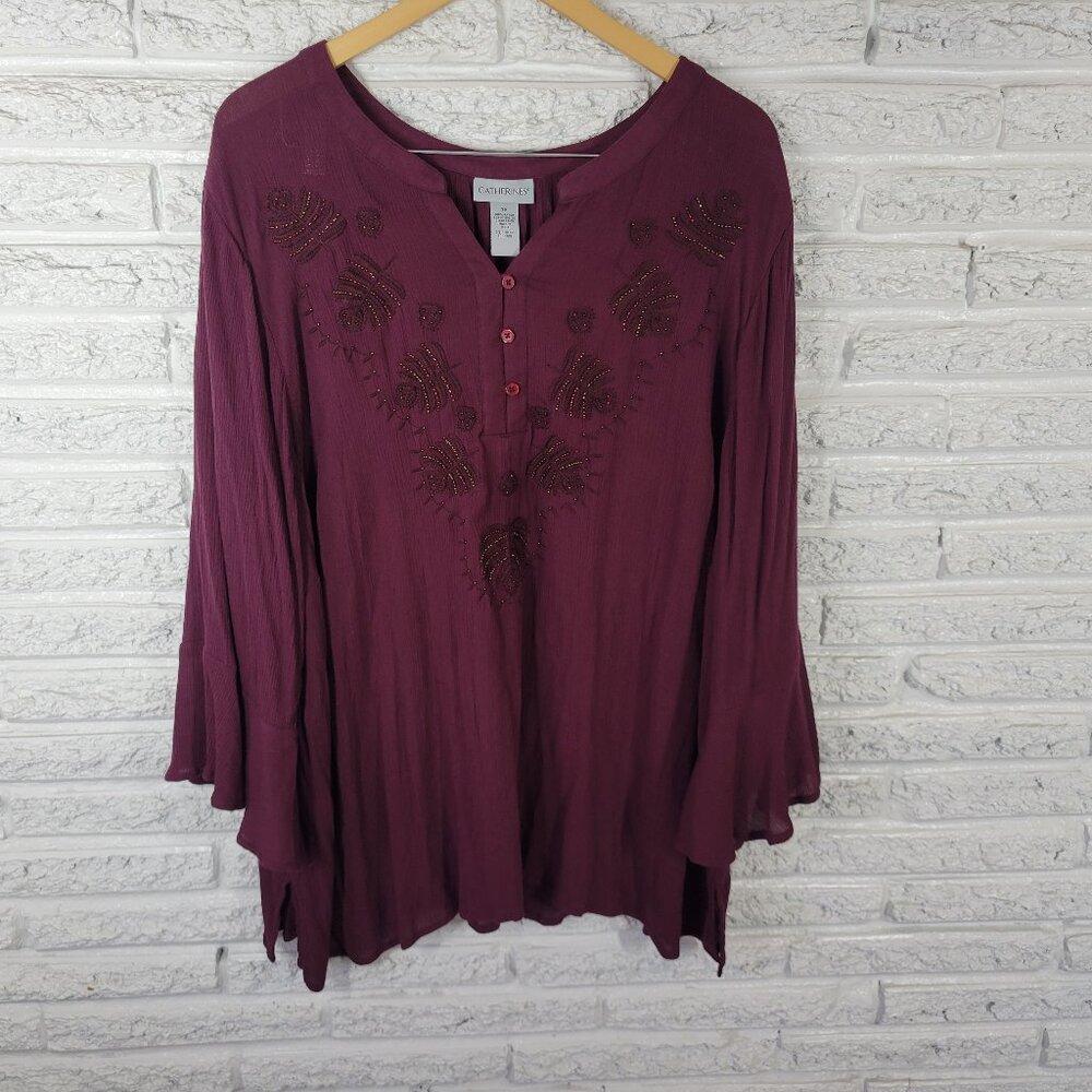 Catherines 3X Plus Purple Tunic Blouse Beaded V-Neck Long Bell Sleeve PUR45E